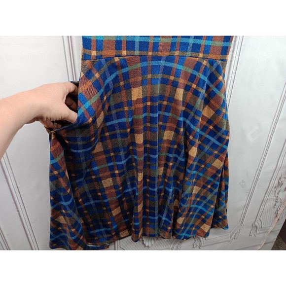 LuLaRoe Dress Women's SZ M Fit & Flare Blue/Bronze Plaid Half Sleeves Pockets EC - Picture 5 of 15